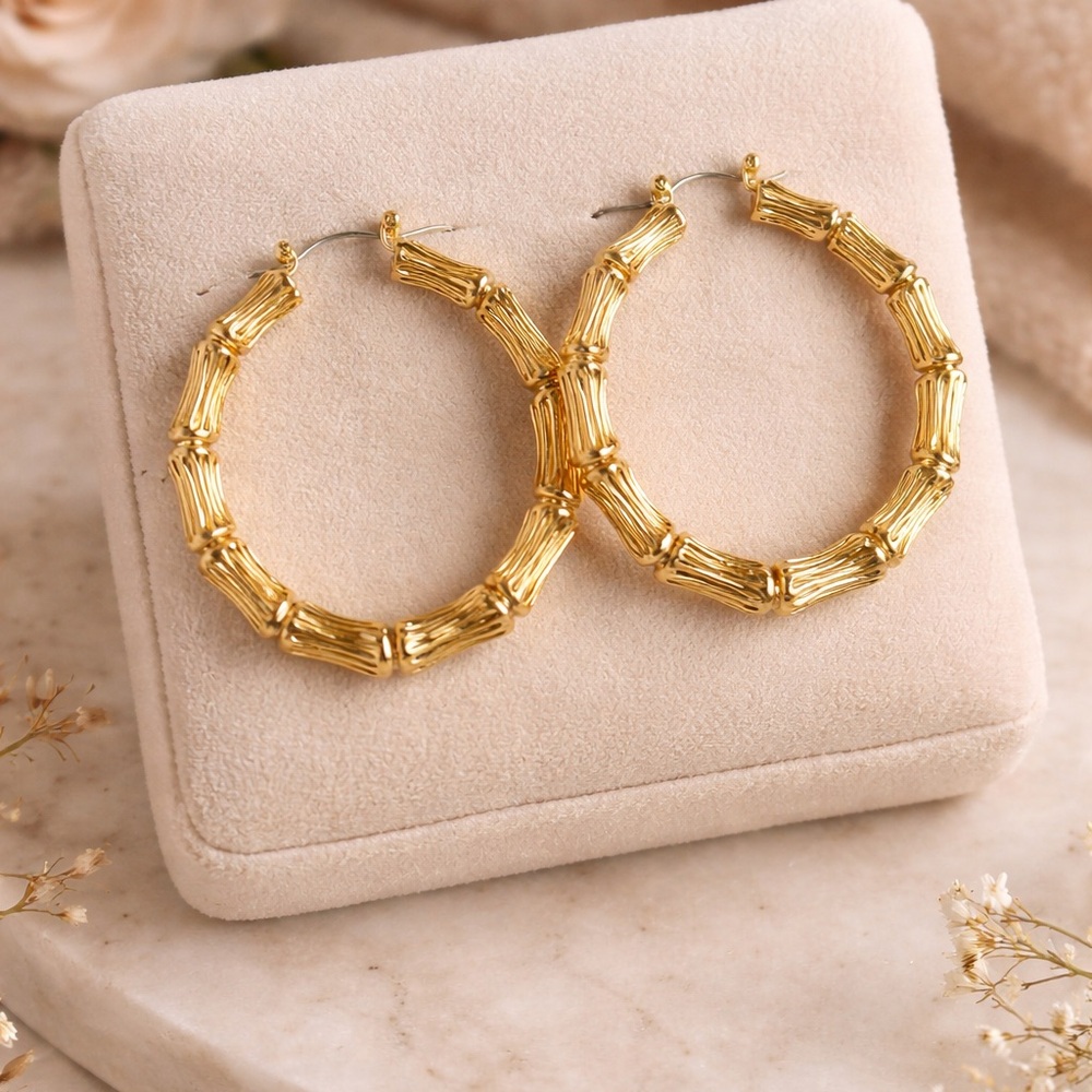 Gold Tone Bamboo-Texture Hoop Earrings